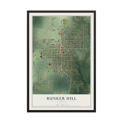 Map of Bunker Hill, Illinois, 12 x 18 inch print in a black wood frame