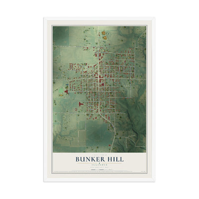 Map of Bunker Hill, Illinois, 12 x 18 inch print in a white wood frame