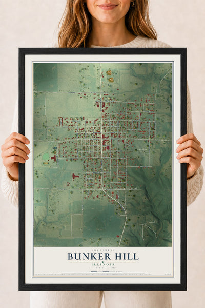 Map of Bunker Hill, Illinois, 18 x 24 inch print in a black wood frame