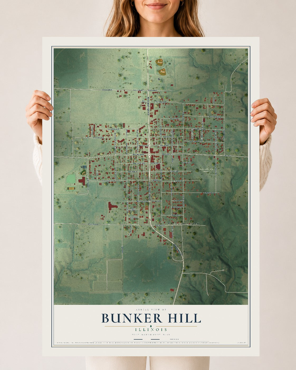 Map of Bunker Hill, Illinois, 24 x 36 inch unframed archival matte print