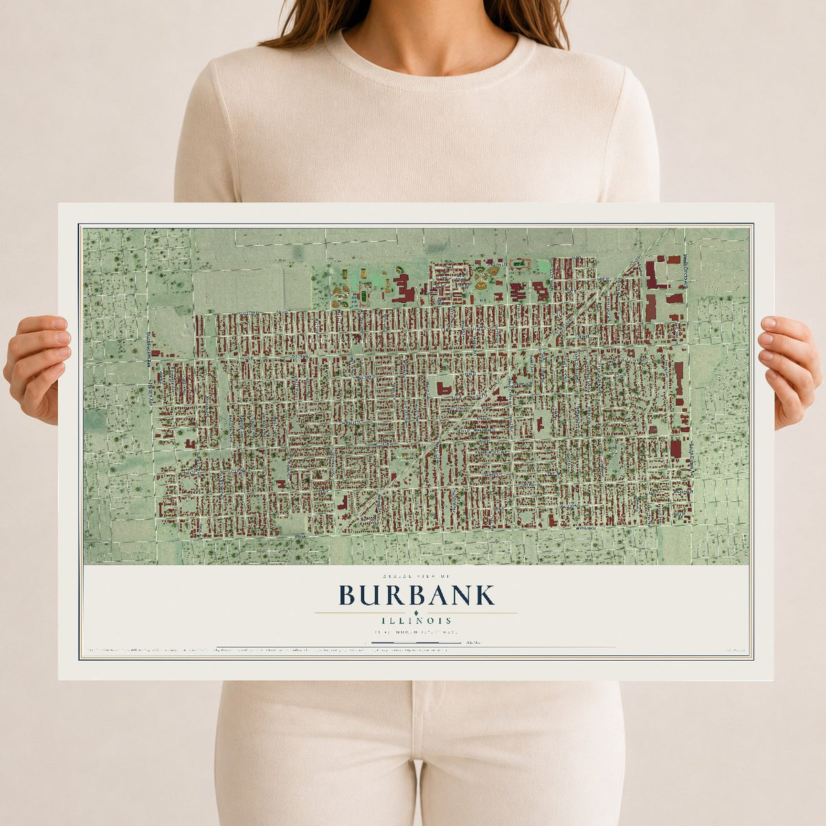 Map of Burbank, Illinois, 12 x 18 inch unframed archival matte print