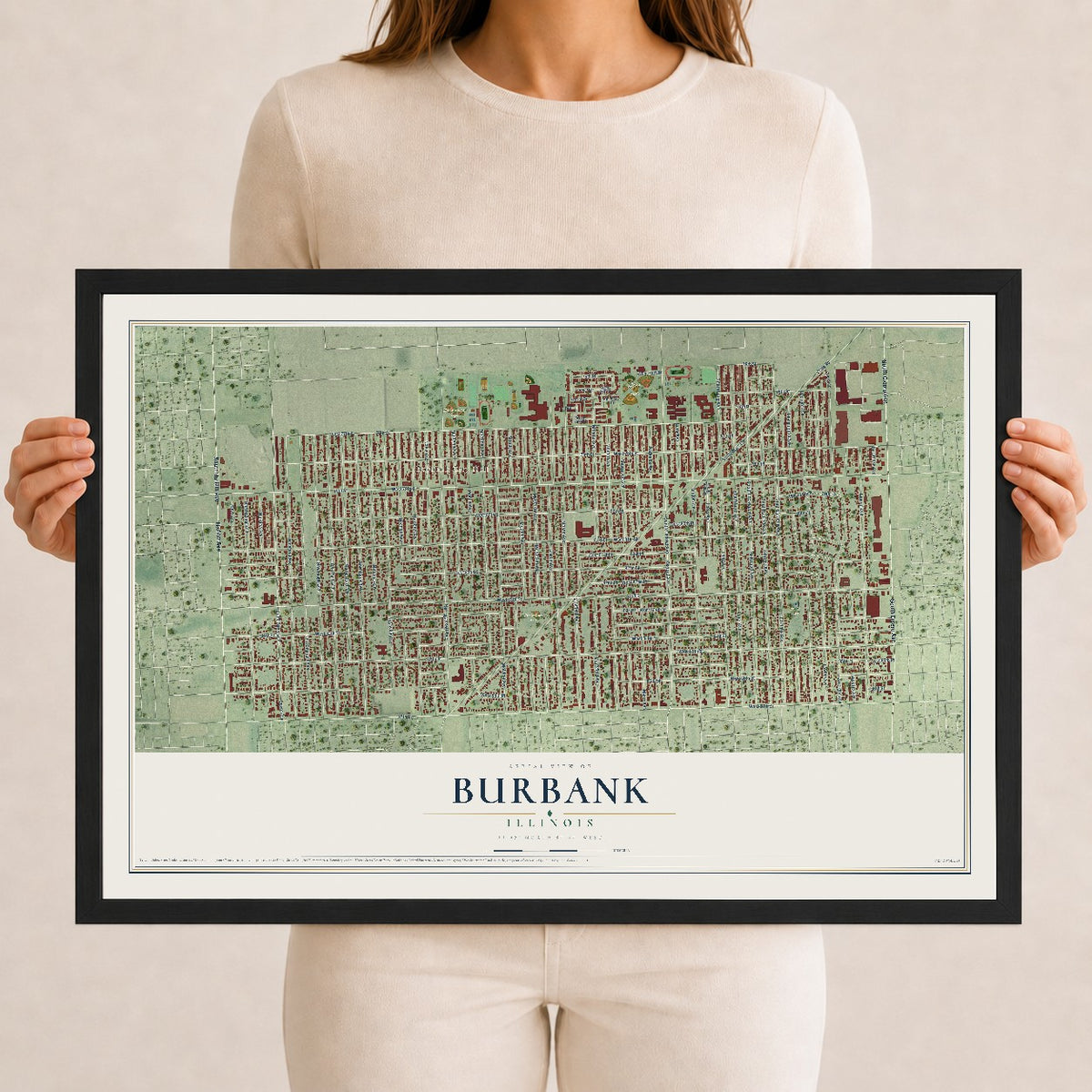 Map of Burbank, Illinois, 12 x 18 inch print in a black wood frame