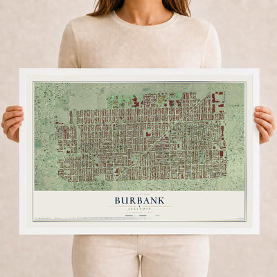 Map of Burbank, Illinois, 12 x 18 inch print in a white wood frame