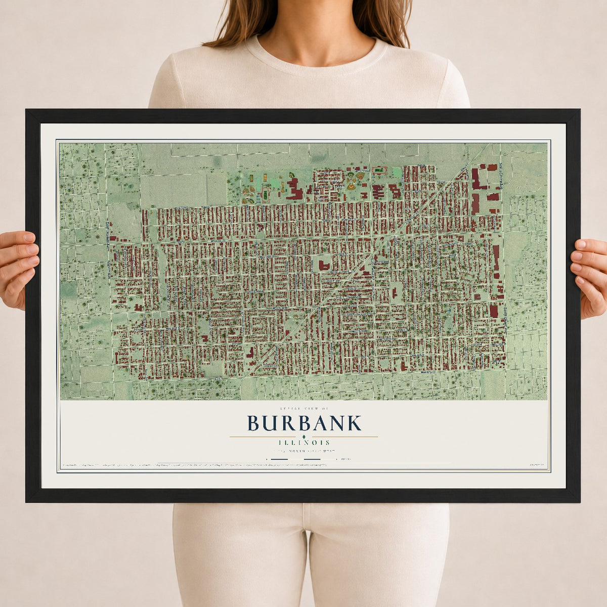 Map of Burbank, Illinois, 18 x 24 inch print in a black wood frame