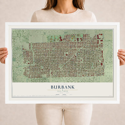 Map of Burbank, Illinois, 18 x 24 inch print in a white wood frame