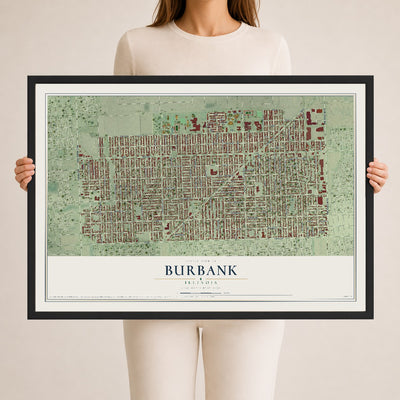 Map of Burbank, Illinois, 24 x 36 inch print in a black wood frame