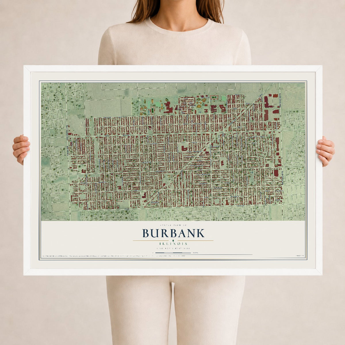 Map of Burbank, Illinois, 24 x 36 inch print in a white wood frame