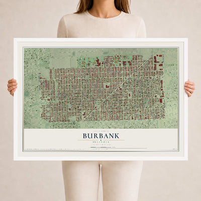 Map of Burbank, Illinois, 24 x 36 inch print in a white wood frame