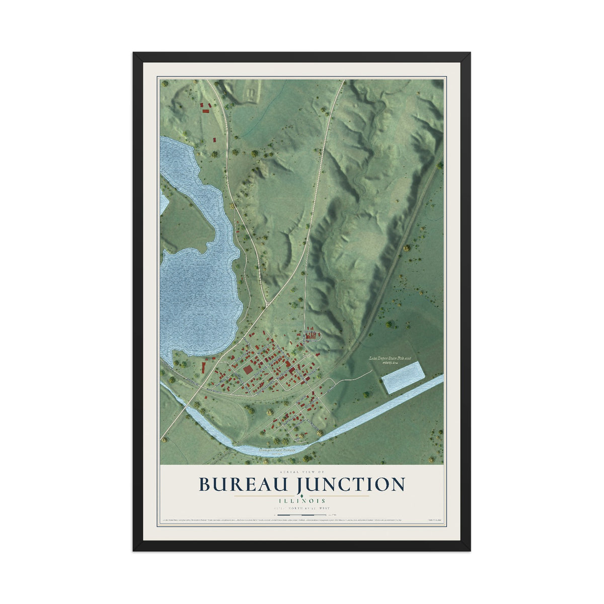 Map of Bureau Junction, Illinois, 12 x 18 inch print in a black wood frame