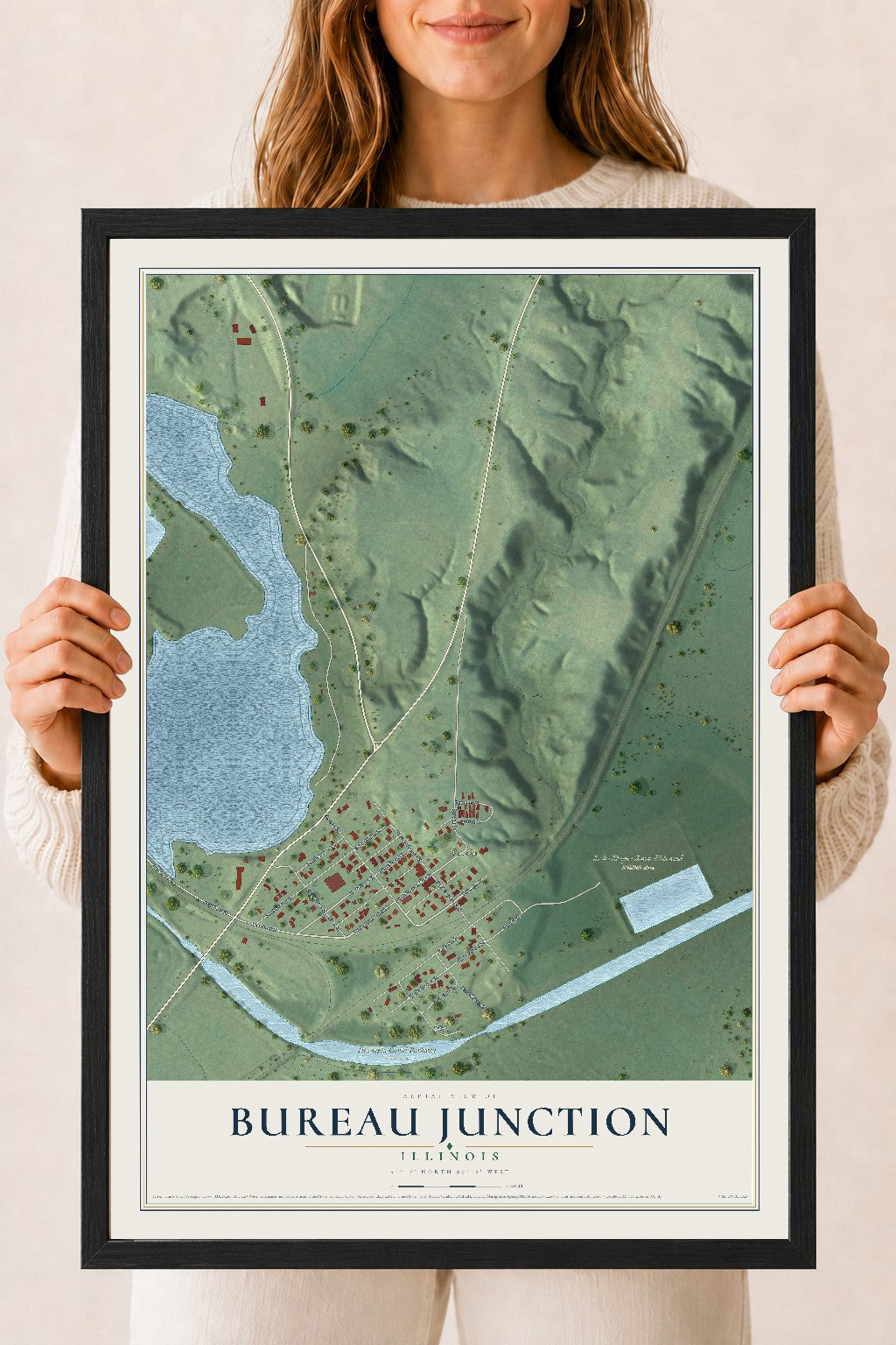 Map of Bureau Junction, Illinois, 18 x 24 inch print in a black wood frame