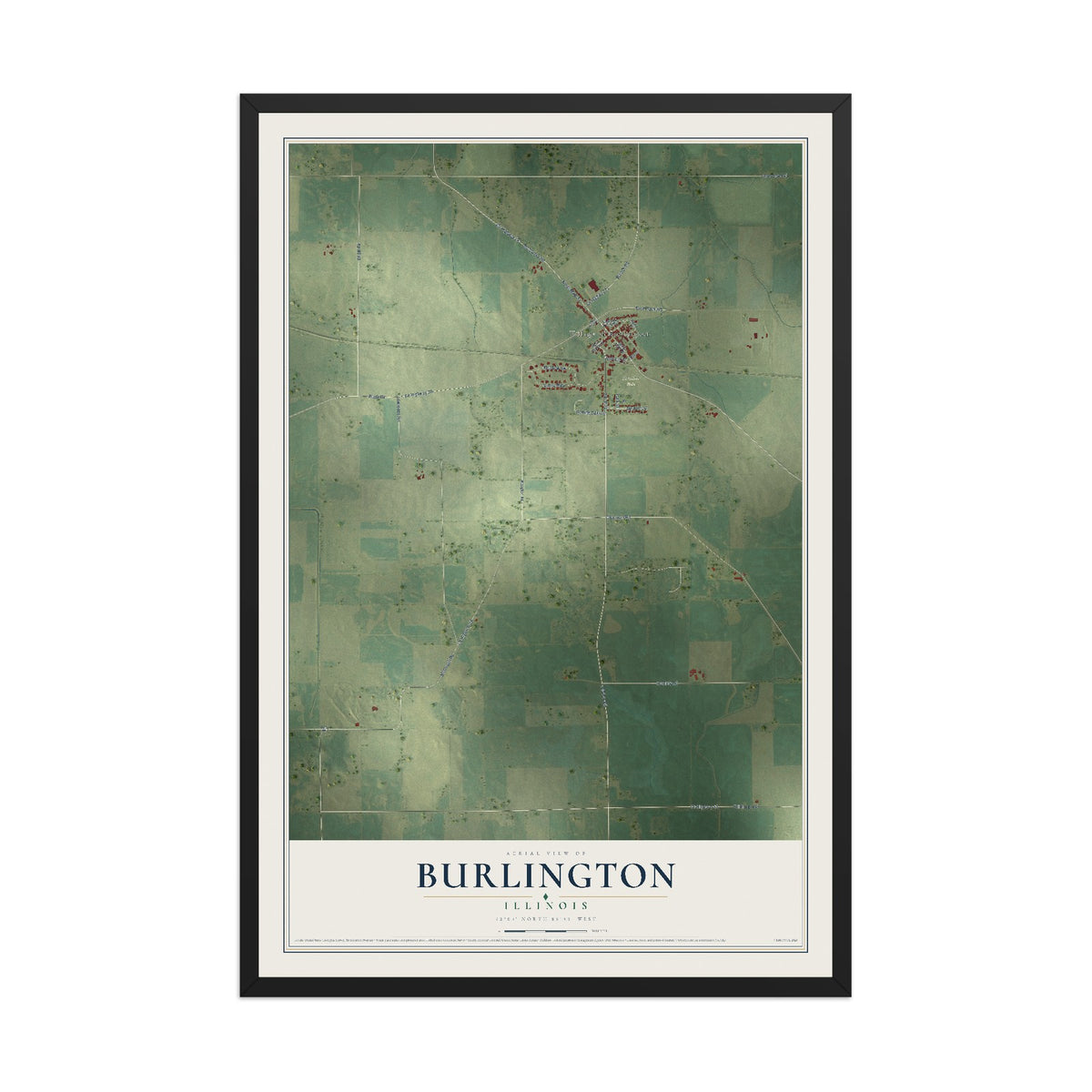 Map of Burlington, Illinois, 12 x 18 inch print in a black wood frame