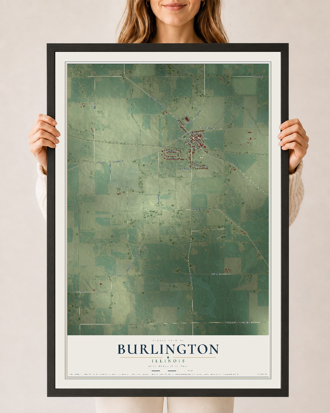 Map of Burlington, Illinois, 24 x 36 inch print in a black wood frame