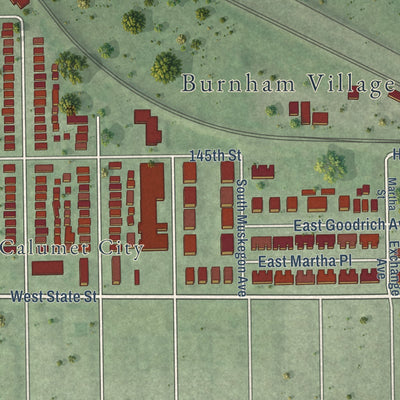 Second close-up of the map of Burnham, Illinois print showing more streets and buildings