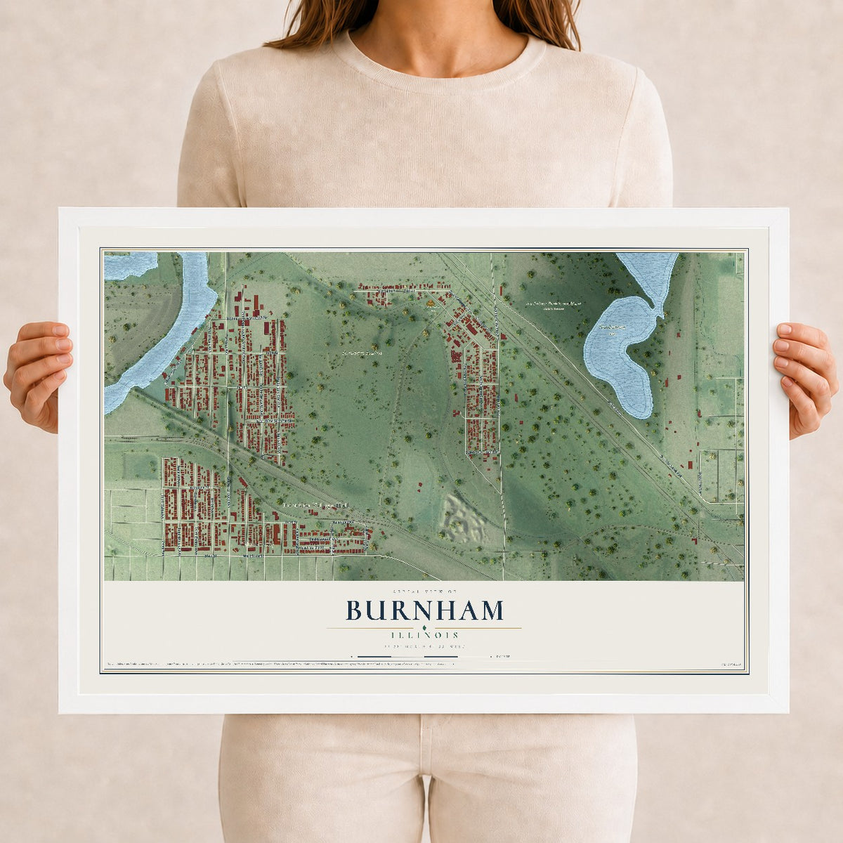 Map of Burnham, Illinois, 12 x 18 inch print in a white wood frame
