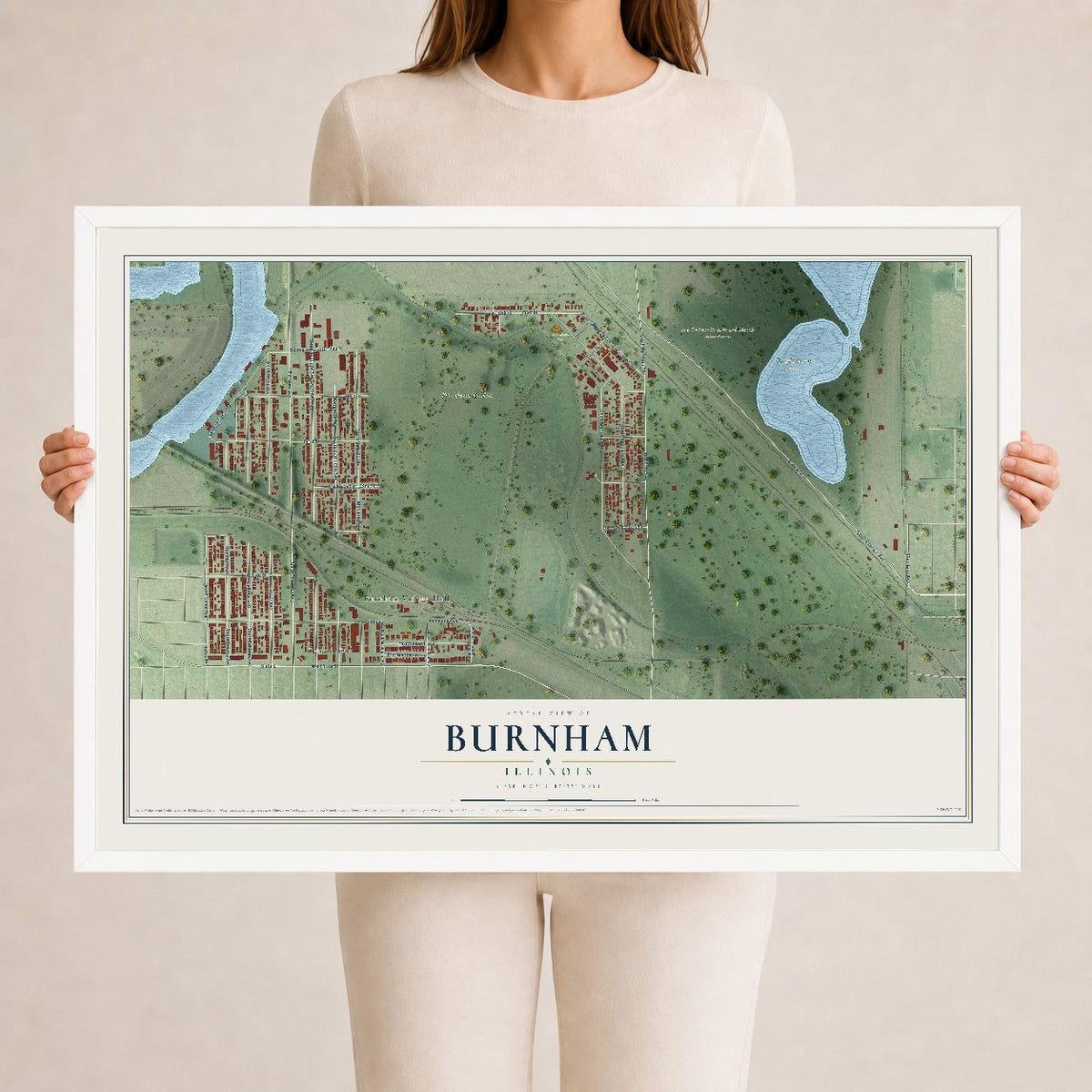 Map of Burnham, Illinois, 24 x 36 inch print in a white wood frame