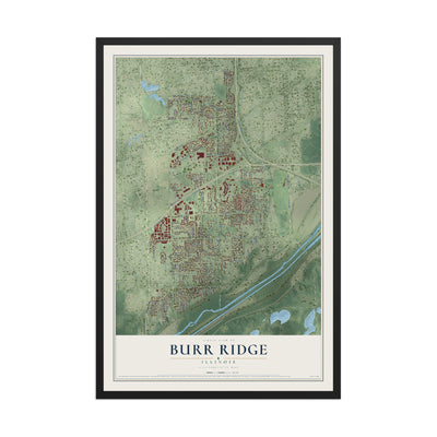 Map of Burr Ridge, Illinois, 12 x 18 inch print in a black wood frame