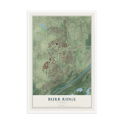 Map of Burr Ridge, Illinois, 12 x 18 inch print in a white wood frame