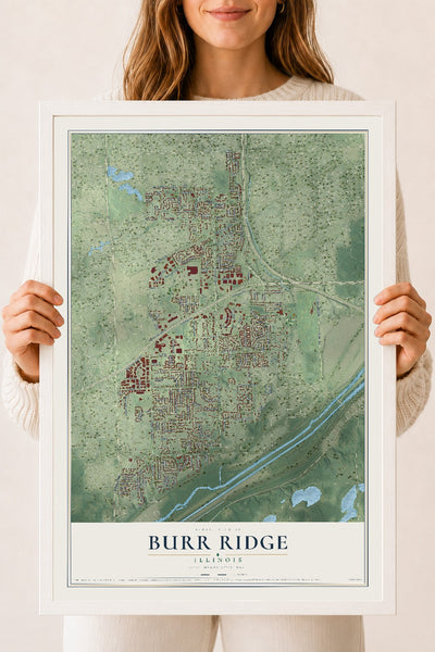 Map of Burr Ridge, Illinois, 18 x 24 inch print in a white wood frame
