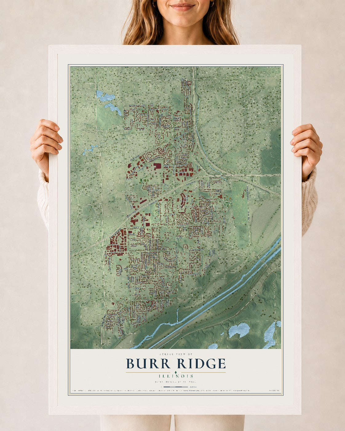 Map of Burr Ridge, Illinois, 24 x 36 inch print in a white wood frame