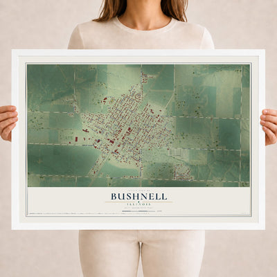 Map of Bushnell, Illinois, 18 x 24 inch print in a white wood frame
