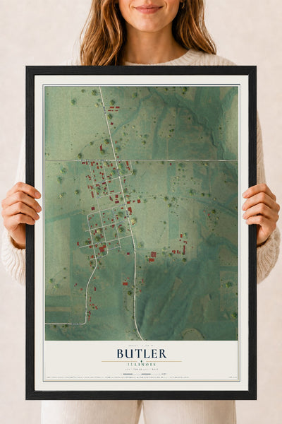 Map of Butler, Illinois, 18 x 24 inch print in a black wood frame