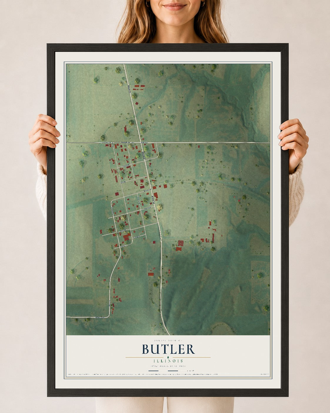 Map of Butler, Illinois, 24 x 36 inch print in a black wood frame