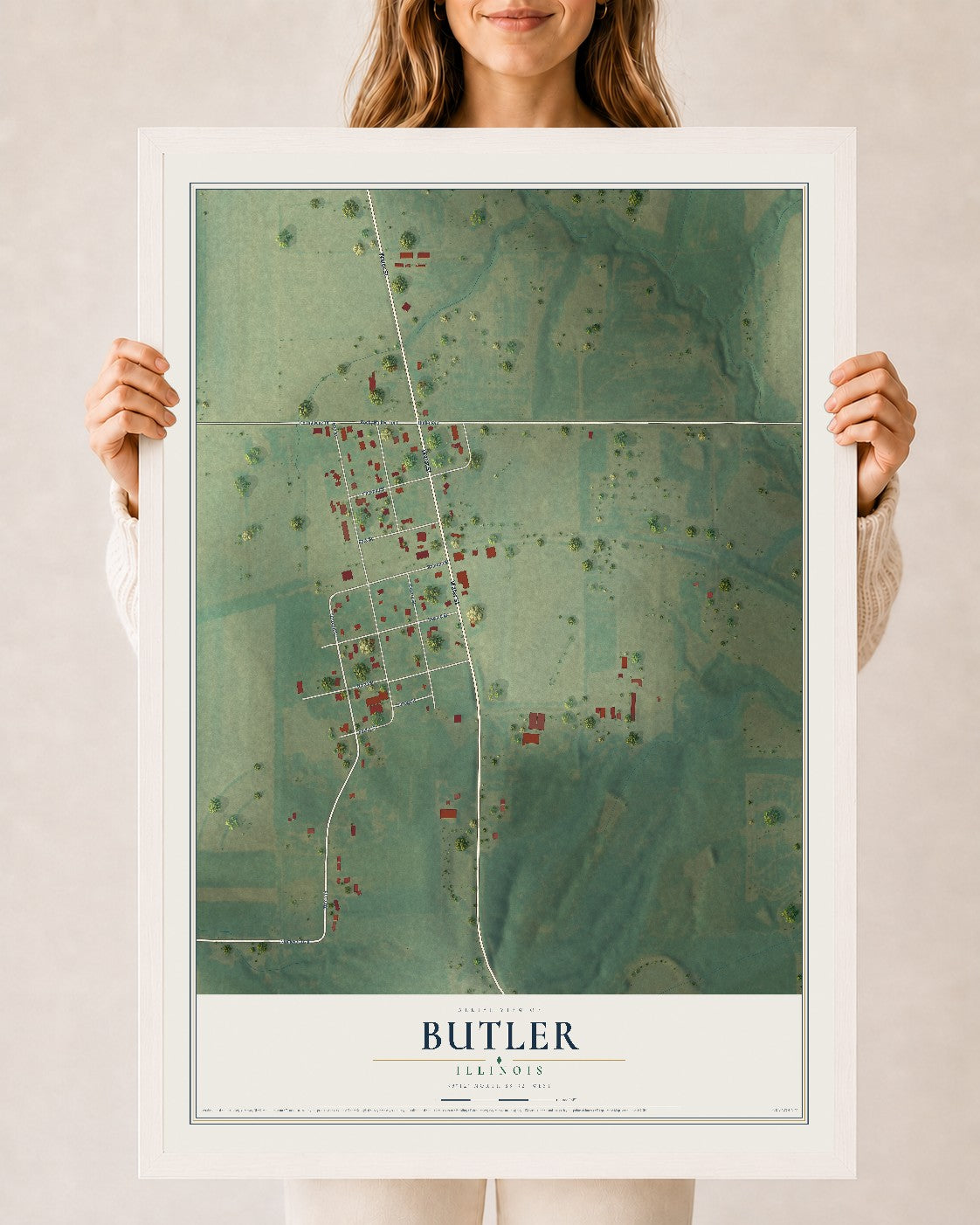 Map of Butler, Illinois, 24 x 36 inch print in a white wood frame