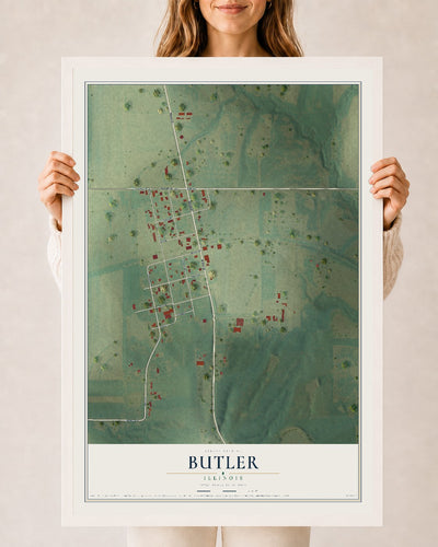 Map of Butler, Illinois, 24 x 36 inch print in a white wood frame