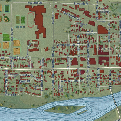 Close-up of the map of Byron, Illinois print showing street and building detail