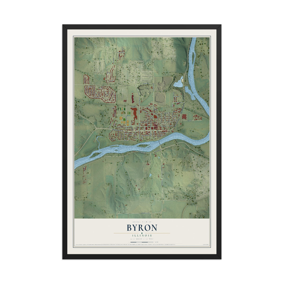 Map of Byron, Illinois, 12 x 18 inch print in a black wood frame