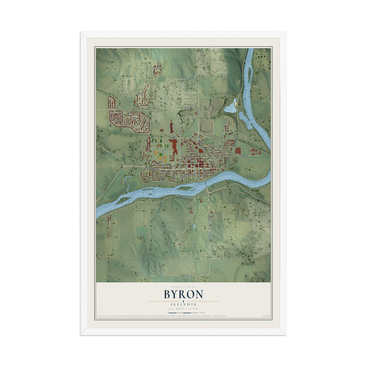 Map of Byron, Illinois, 12 x 18 inch print in a white wood frame