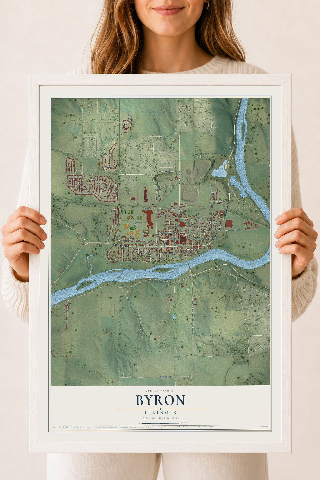 Map of Byron, Illinois, 18 x 24 inch print in a white wood frame