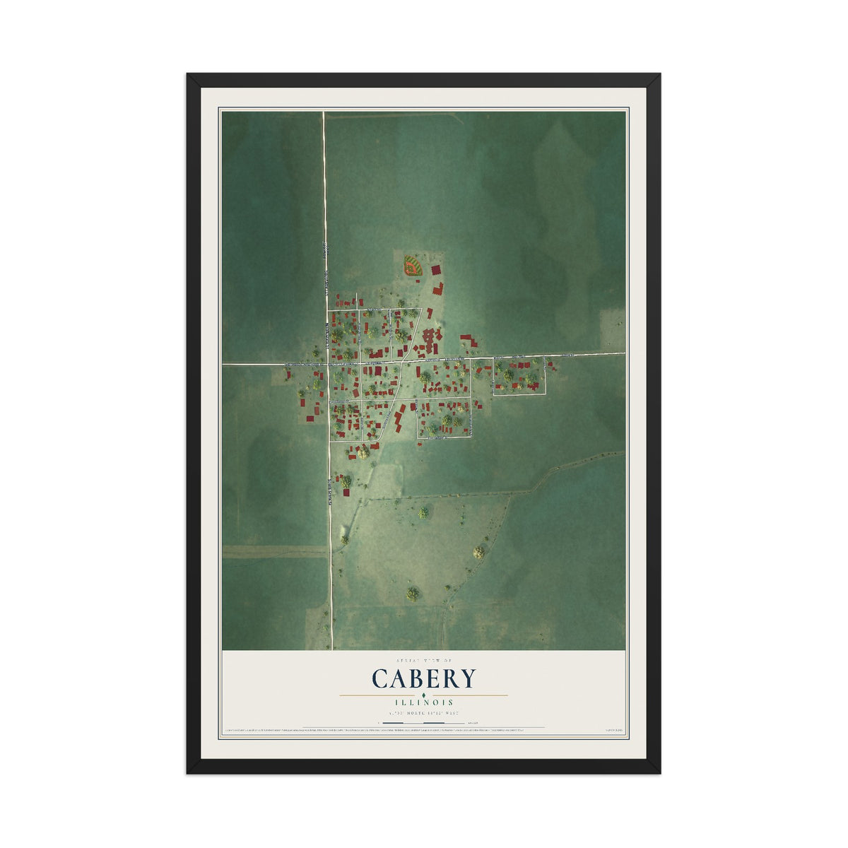 Map of Cabery, Illinois, 12 x 18 inch print in a black wood frame