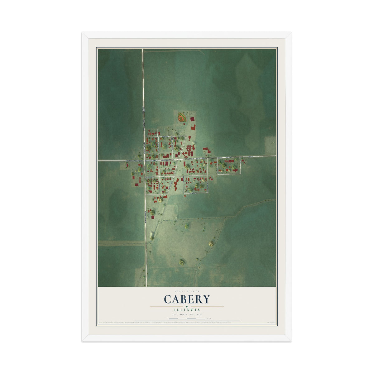 Map of Cabery, Illinois, 12 x 18 inch print in a white wood frame