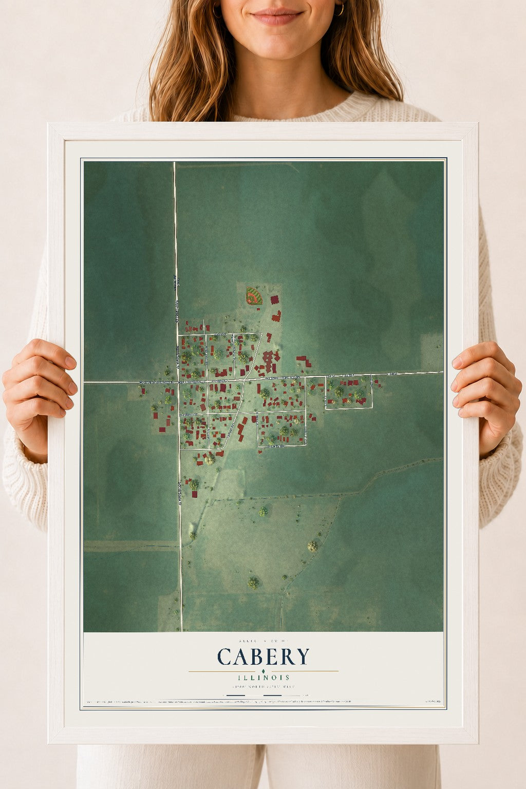 Map of Cabery, Illinois, 18 x 24 inch print in a white wood frame