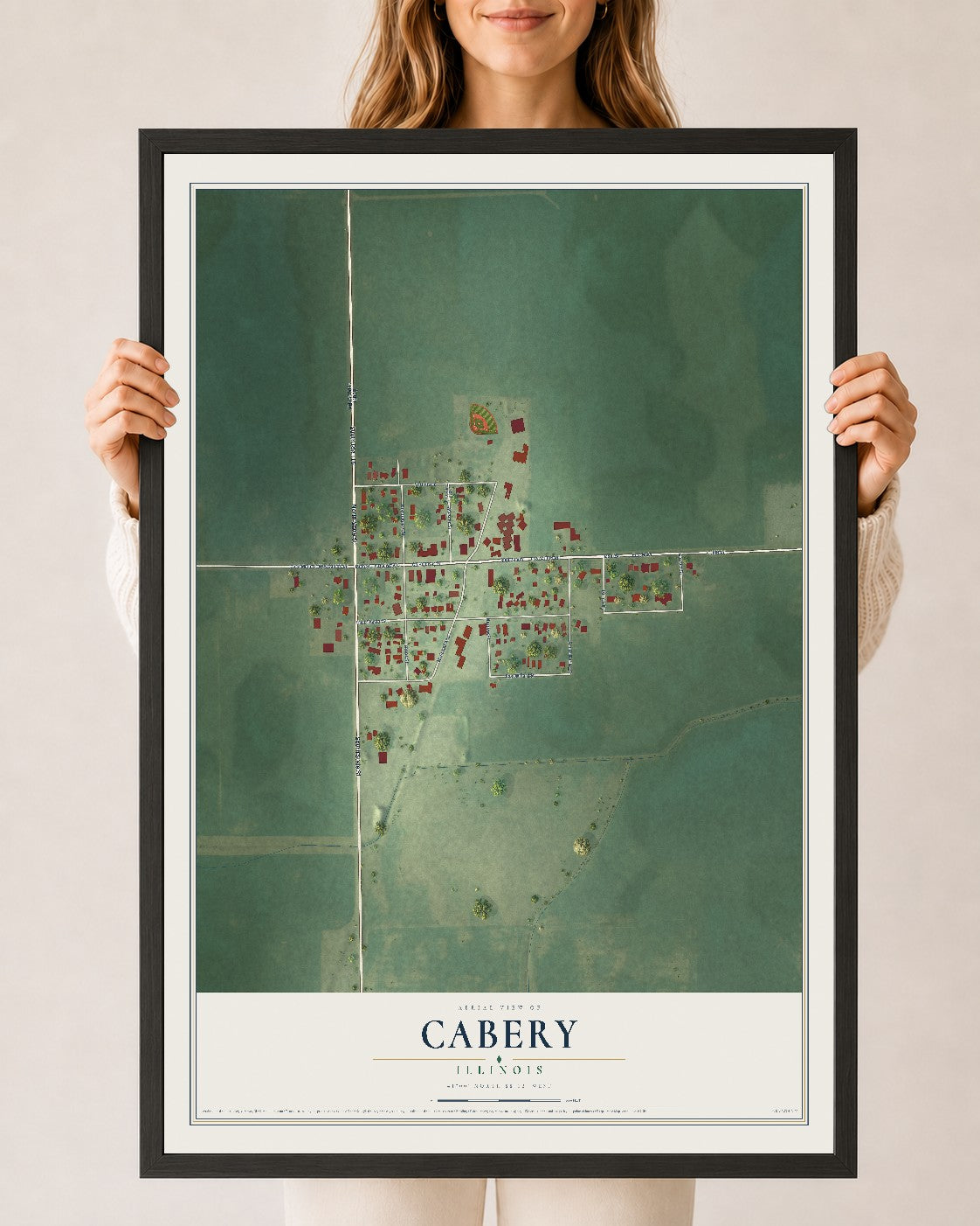Map of Cabery, Illinois, 24 x 36 inch print in a black wood frame