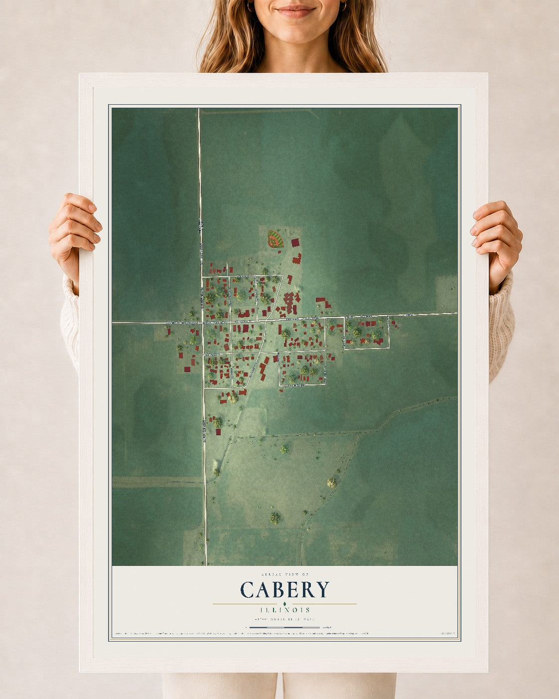 Map of Cabery, Illinois, 24 x 36 inch print in a white wood frame