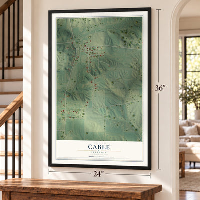 Cable, Illinois map, 24 x 36 inch print in a black frame by a staircase