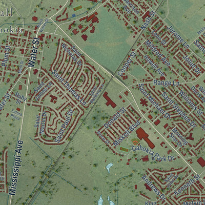 Close-up of the map of Cahokia Heights, Illinois print showing street and building detail