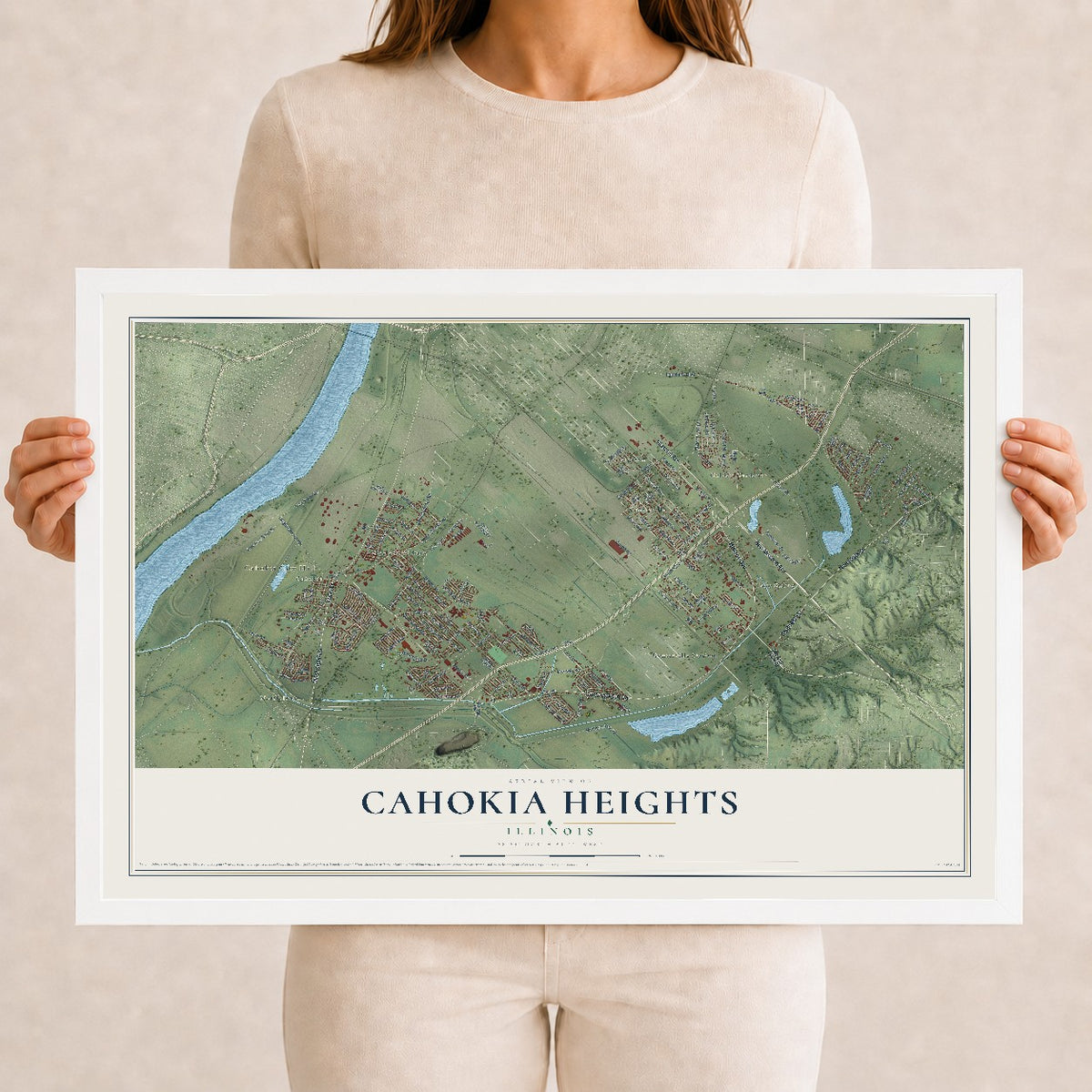 Map of Cahokia Heights, Illinois, 12 x 18 inch print in a white wood frame