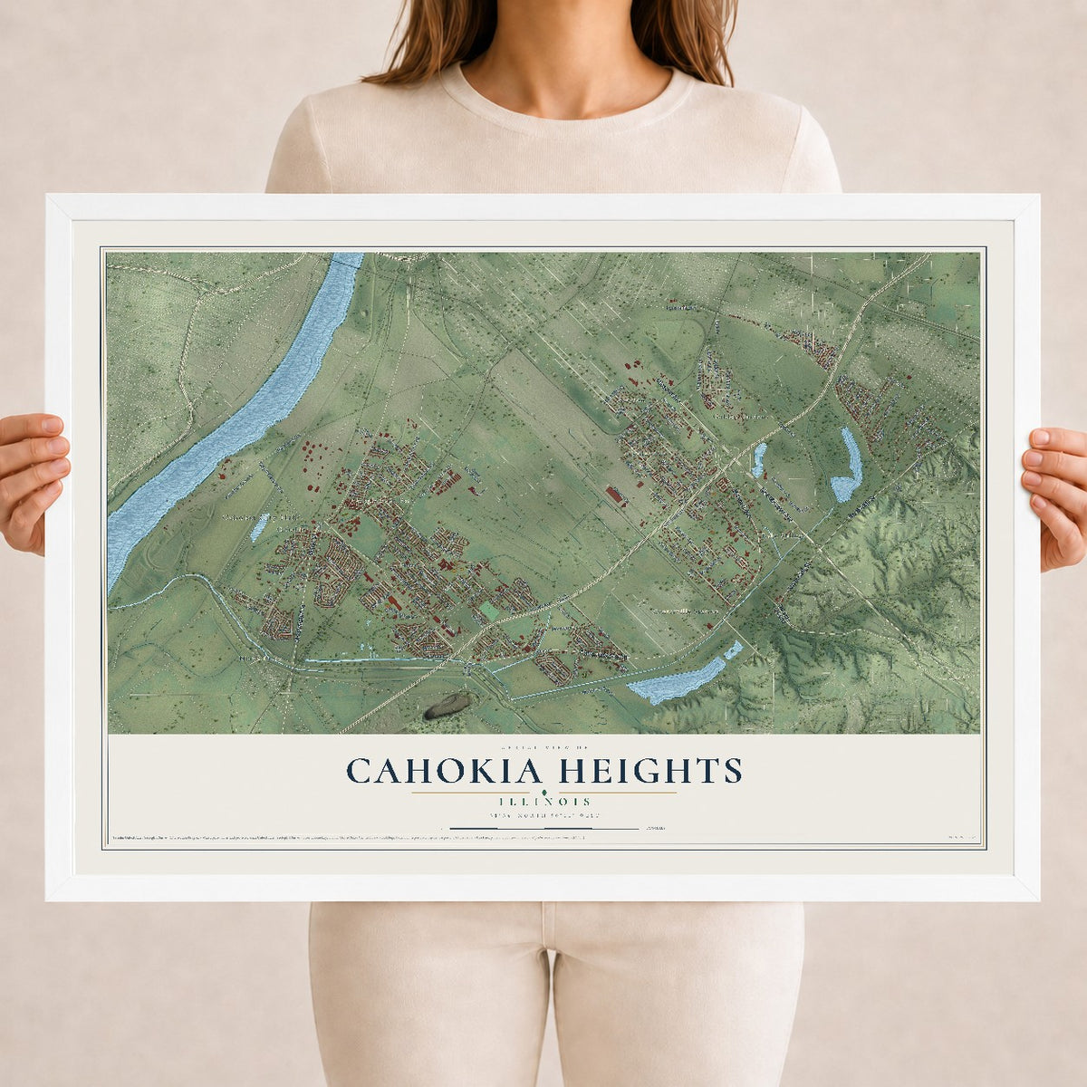 Map of Cahokia Heights, Illinois, 18 x 24 inch print in a white wood frame