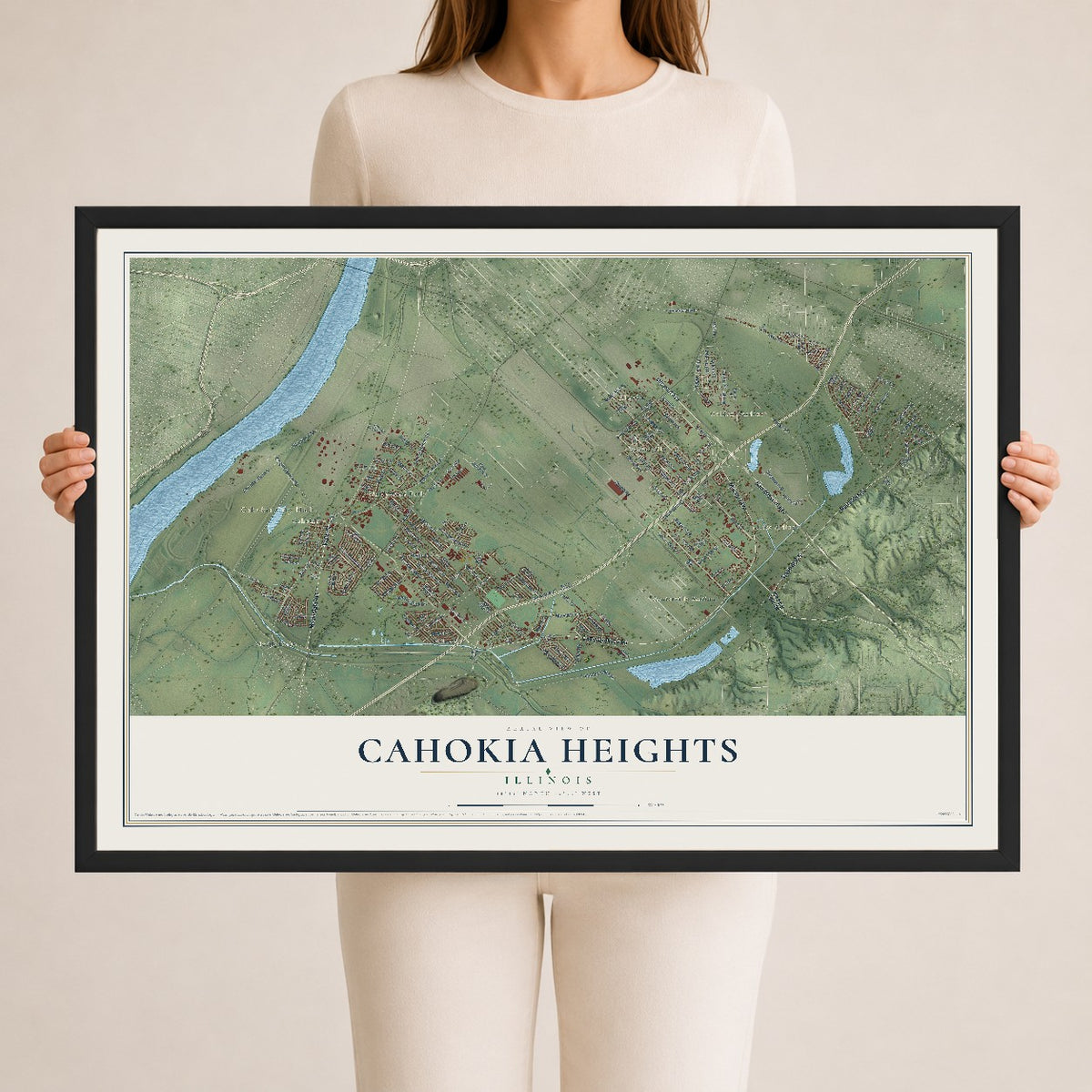 Map of Cahokia Heights, Illinois, 24 x 36 inch print in a black wood frame