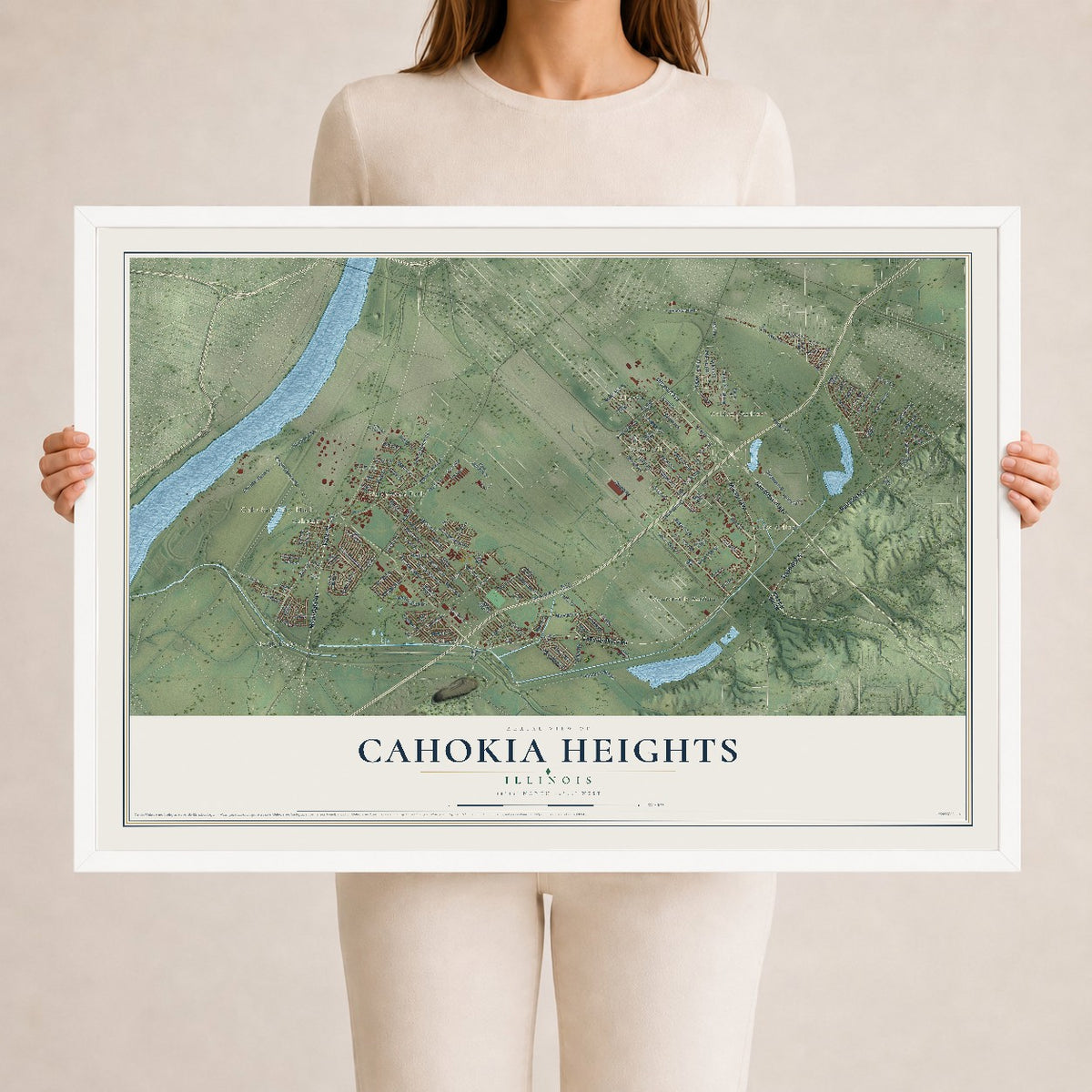 Map of Cahokia Heights, Illinois, 24 x 36 inch print in a white wood frame