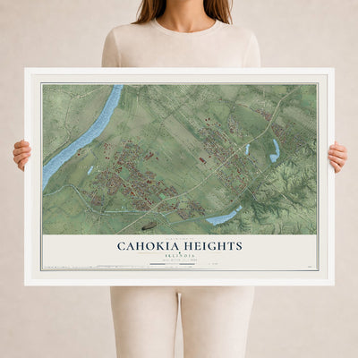 Map of Cahokia Heights, Illinois, 24 x 36 inch print in a white wood frame