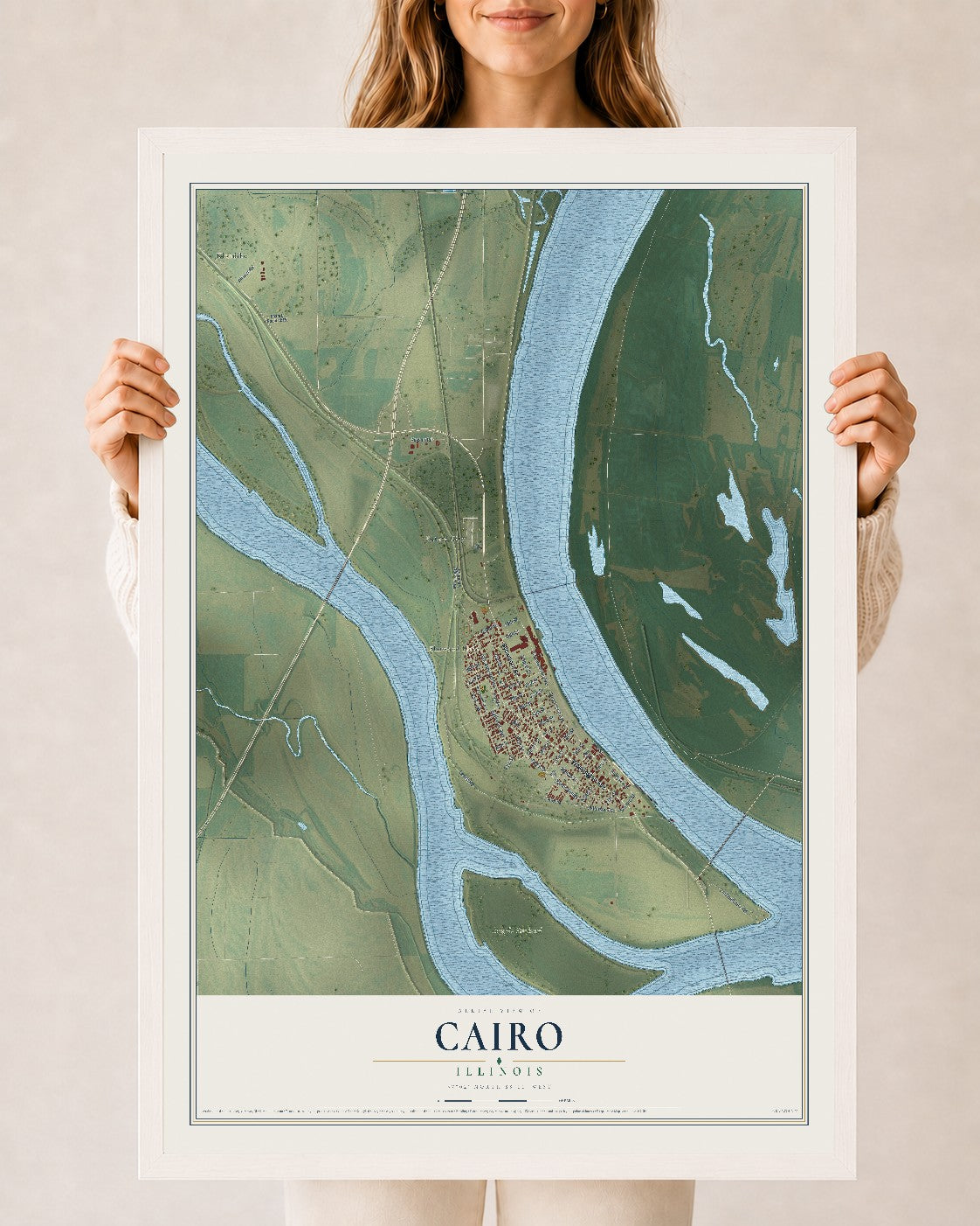 Map of Cairo, Illinois, 24 x 36 inch print in a white wood frame