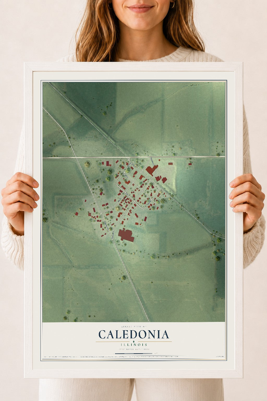Map of Caledonia, Illinois, 18 x 24 inch print in a white wood frame