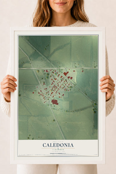 Map of Caledonia, Illinois, 18 x 24 inch print in a white wood frame