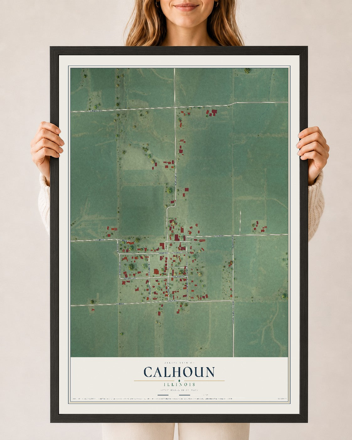 Map of Calhoun, Illinois, 24 x 36 inch print in a black wood frame
