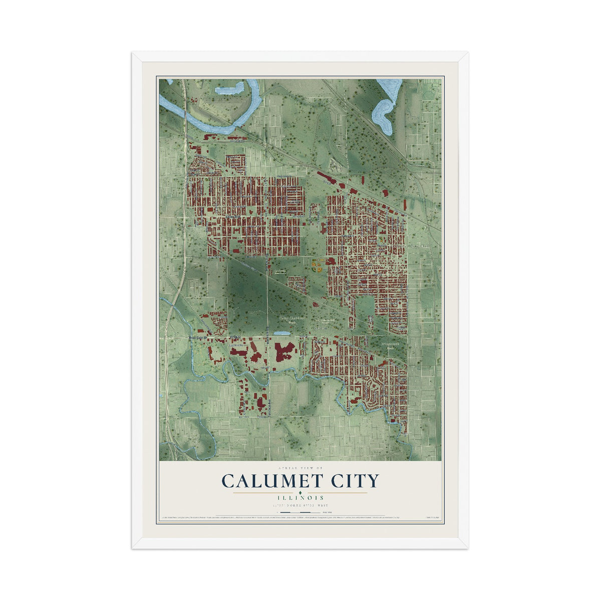 Map of Calumet City, Illinois, 12 x 18 inch print in a white wood frame