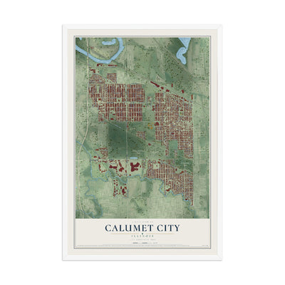 Map of Calumet City, Illinois, 12 x 18 inch print in a white wood frame